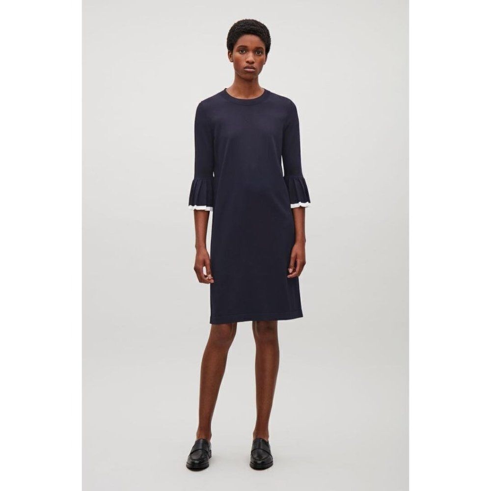 COS navy blue white trim crewneck ruffle long sleeve knitted midi dress